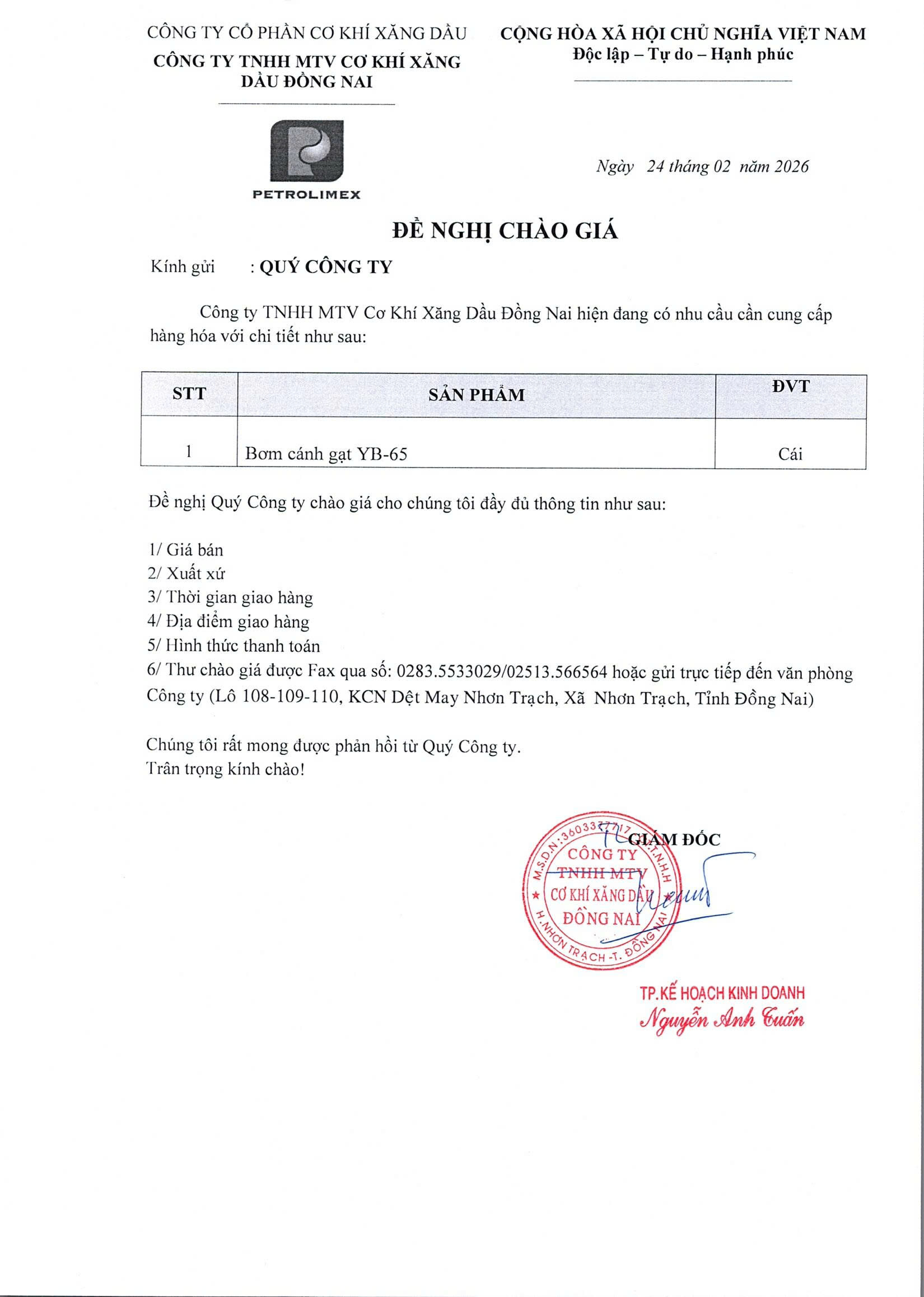 Đề nghị chào giá bơm cánh gạt